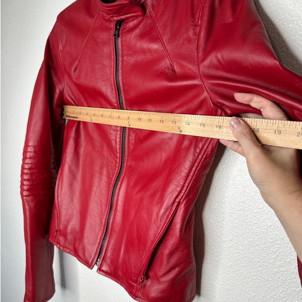 William B Cherry Red 100% Leather Moto Jacket Front Zip Silk Lining S