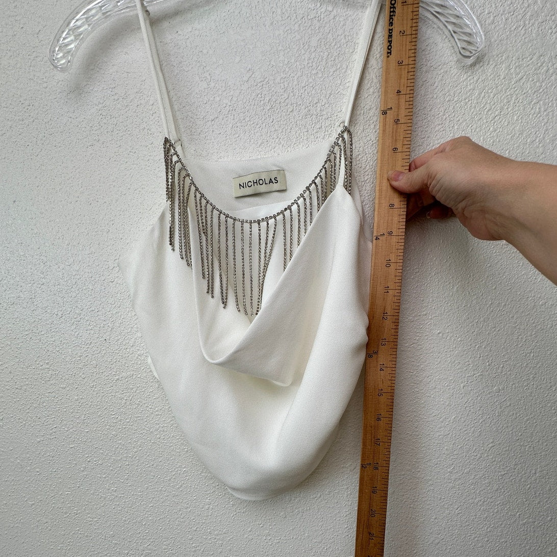 Nicholas Rhinestone Fringe Cowl Neck Ivory Crop Top – Women’s M