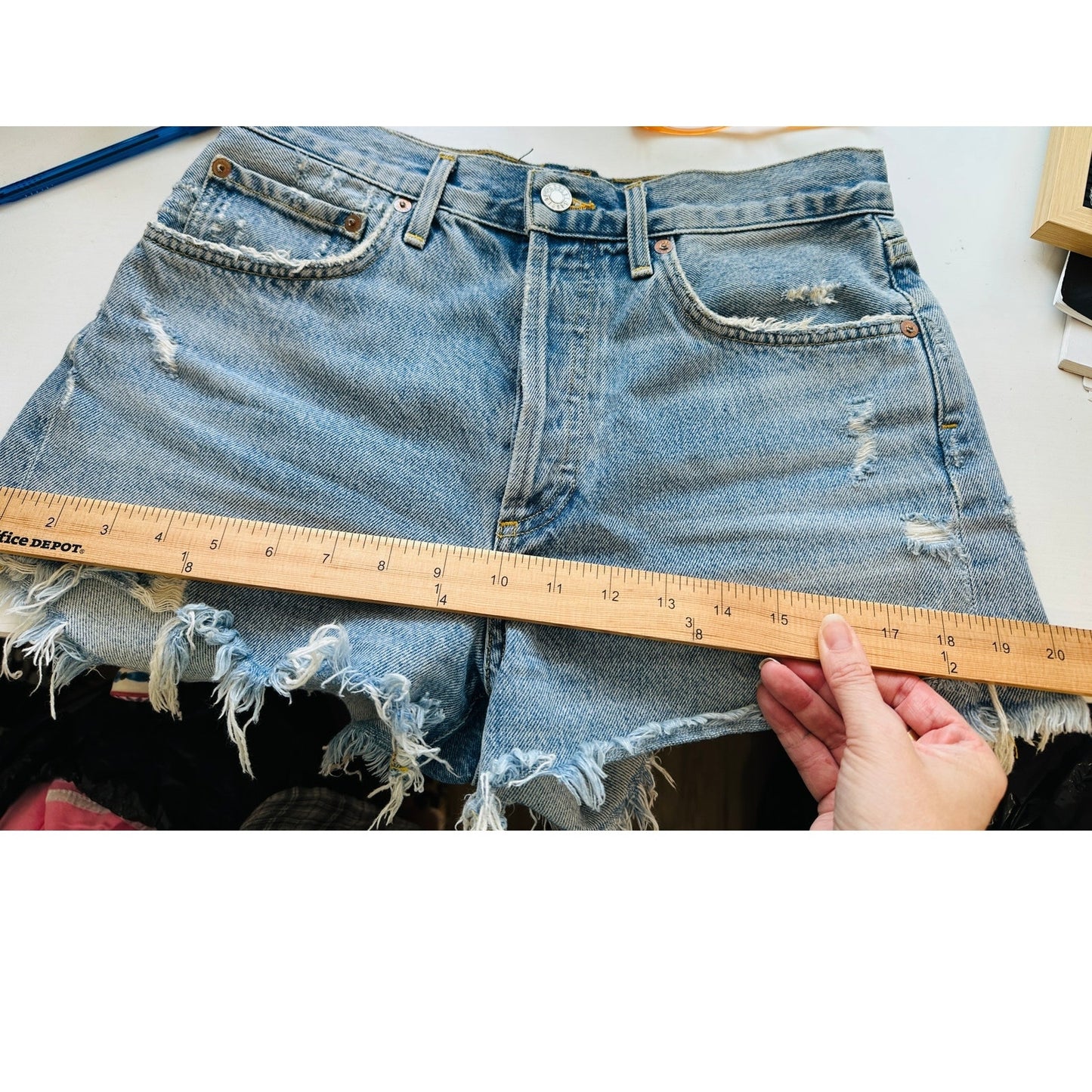 AGOLDE Medium Blue Raw Hem Distressed Button Fly Cut Off Jean Shorts 28