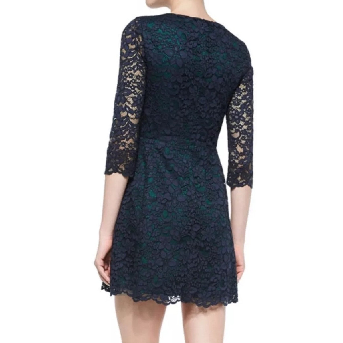Tory Burch Black Lace with Green Contrast Underlay Jewel Neckline Dress 2