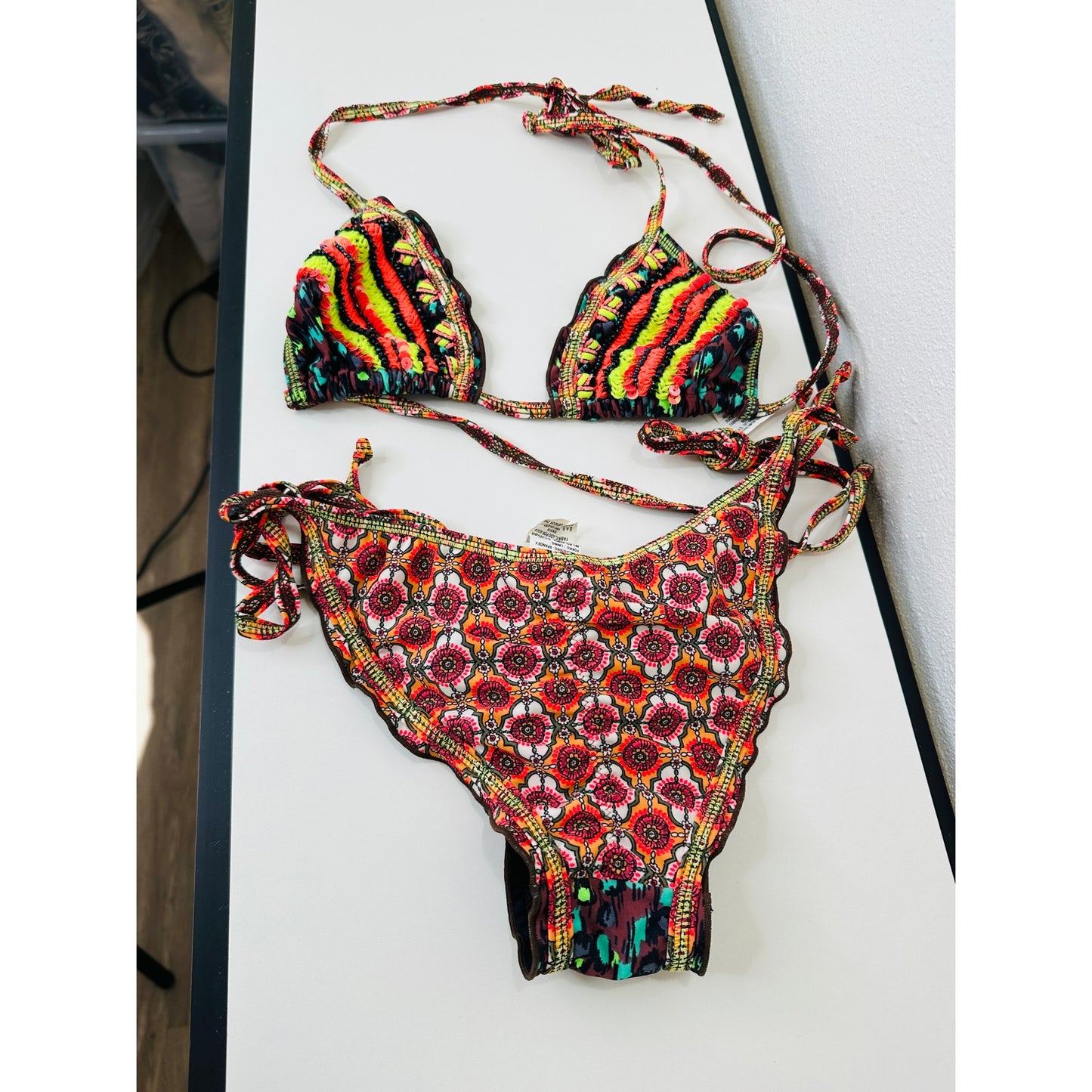 Agua Bendita Pink Multi-Color Stripe Sequin Ruffle Bikini Top & Bottom S