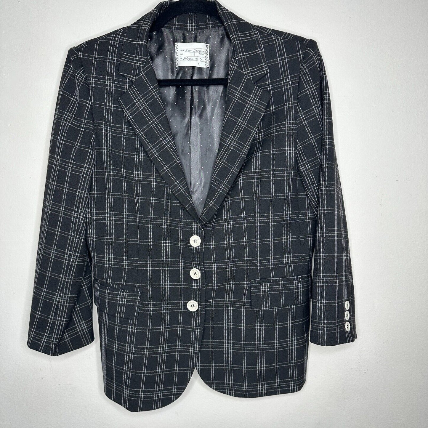 Ron Herman Black & White Stripe Plaid 3 Button Blazer Satin Dot Lining 5