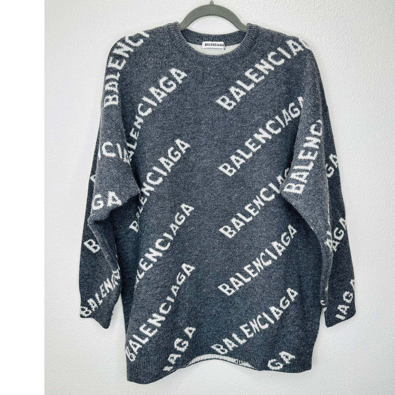 Balenciaga Dark Gray Long Sleeve White Logo'd Crew Neck Sweater L