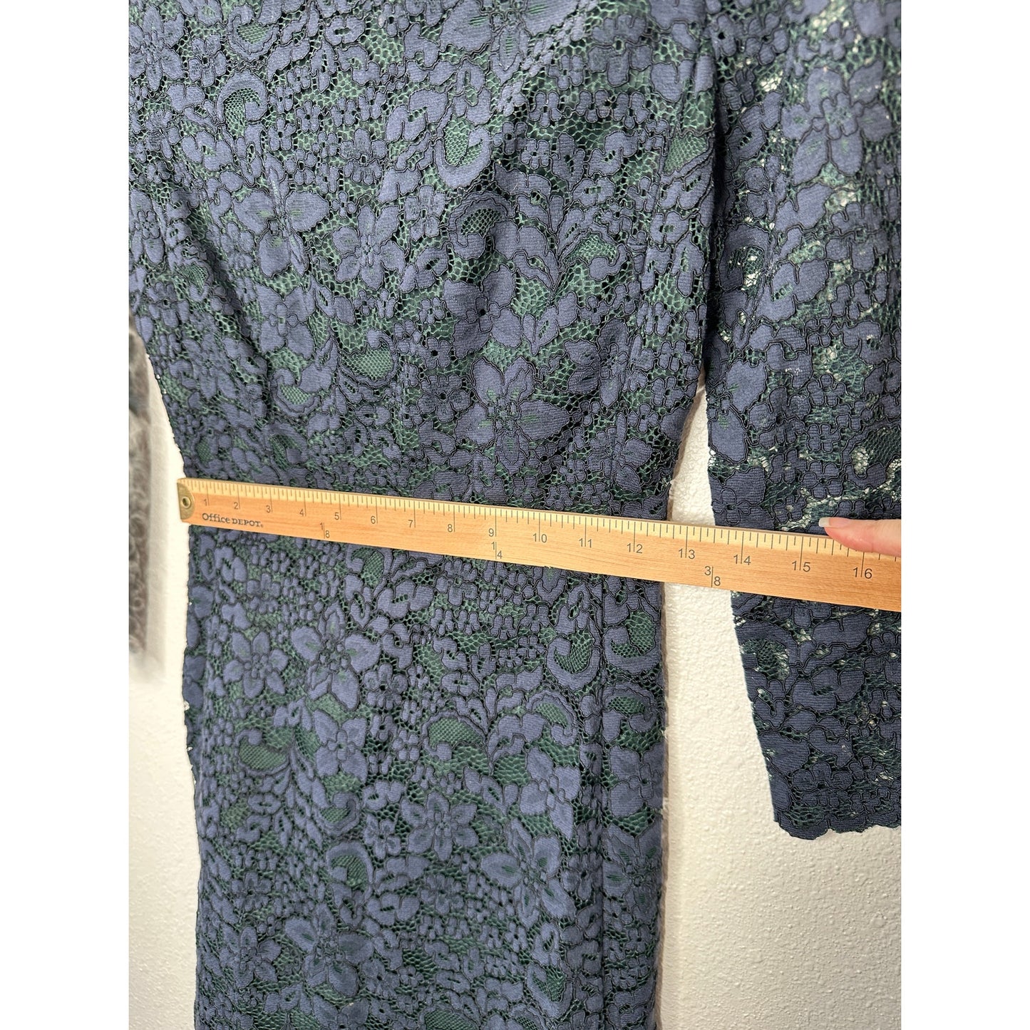 Tory Burch Black Lace with Green Contrast Underlay Jewel Neckline Dress 2