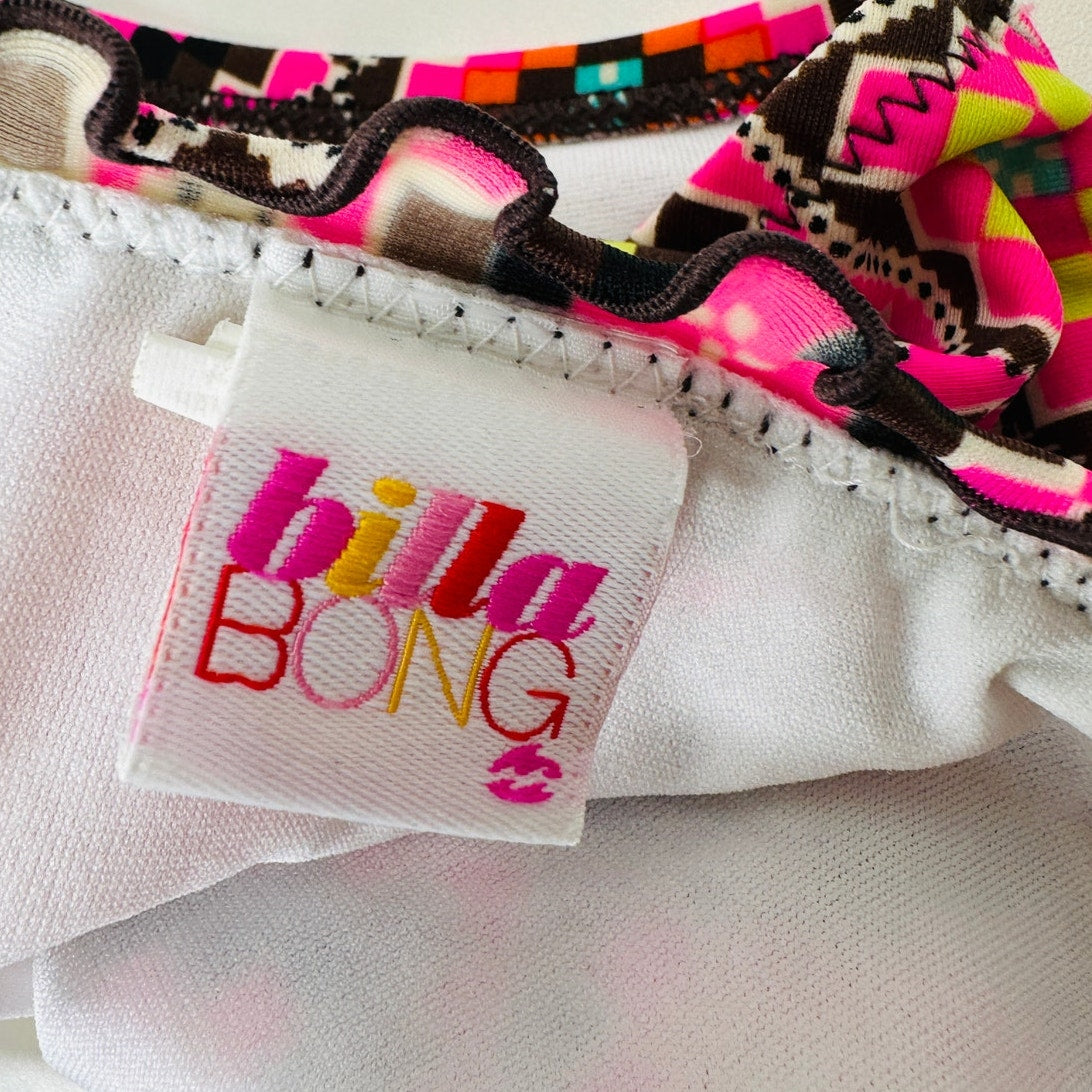 BIllabong Brown Pink Yellow Multi Print Ruched Ruffle Trim Bikini L
