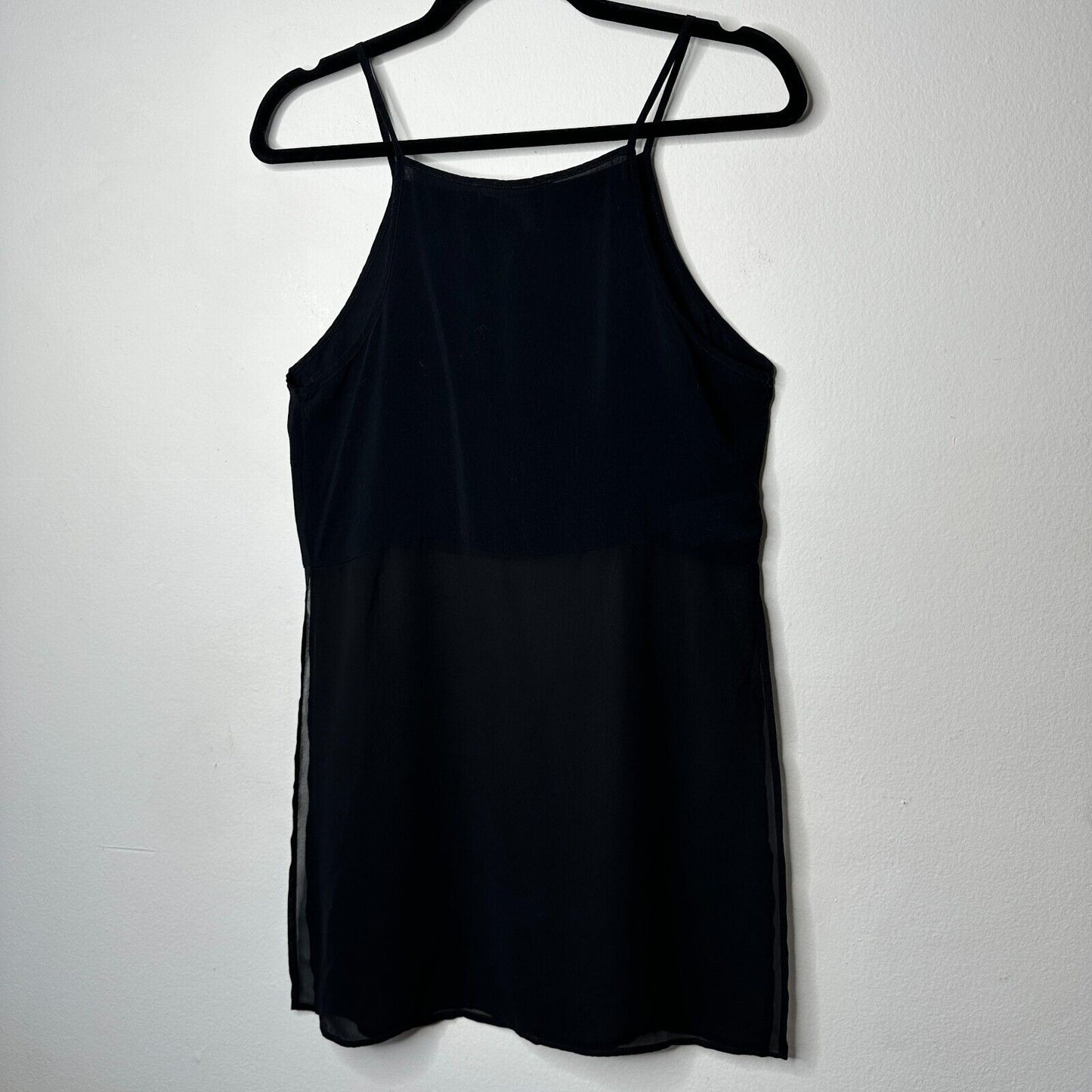 BCBGeneration Jet Black Sheer Side-Slit Lined Spaghetti Strap Crop Tank Cami SM