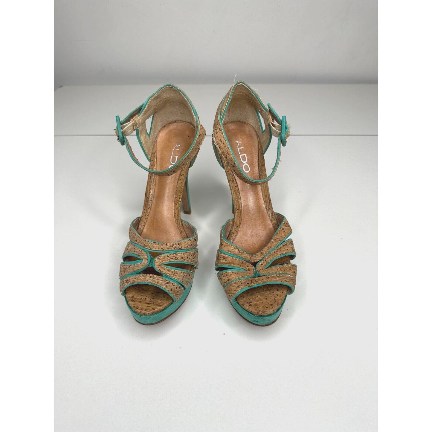 Aldo Platform Turquoise Suede & Tan Cork Stiletto Heel Ankle Strap Sandal 5.5