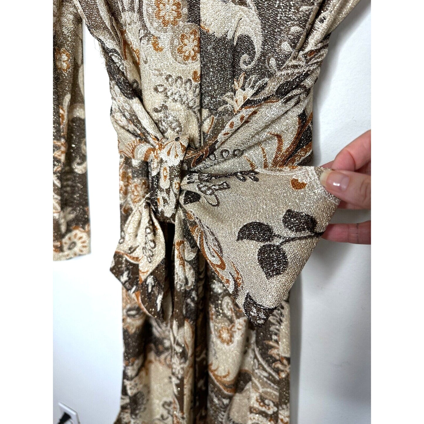 BILL BLASS Vintage 70s Couture Metallic Gold Lurex Knit Dress Ostrich Feather SM