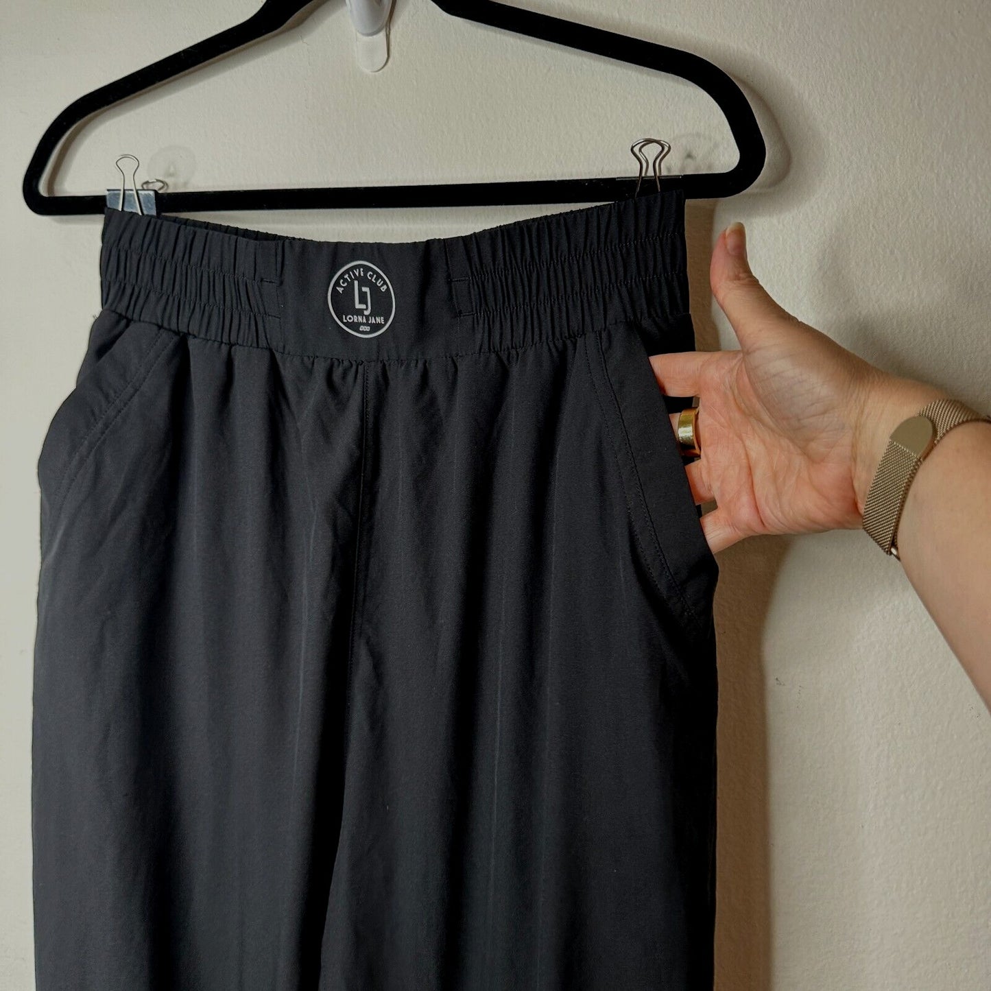 Uniquely Lorna Jane Jet Black Active Club Elastic Jogger Pants Side Pockets S
