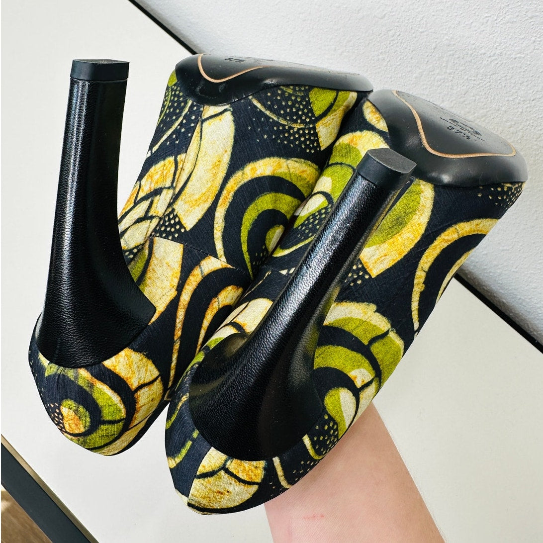 Dries Van Noten Italy Silk Leather Black Green Tan Platform 5" Heel Shoe 37.5 / 7.5