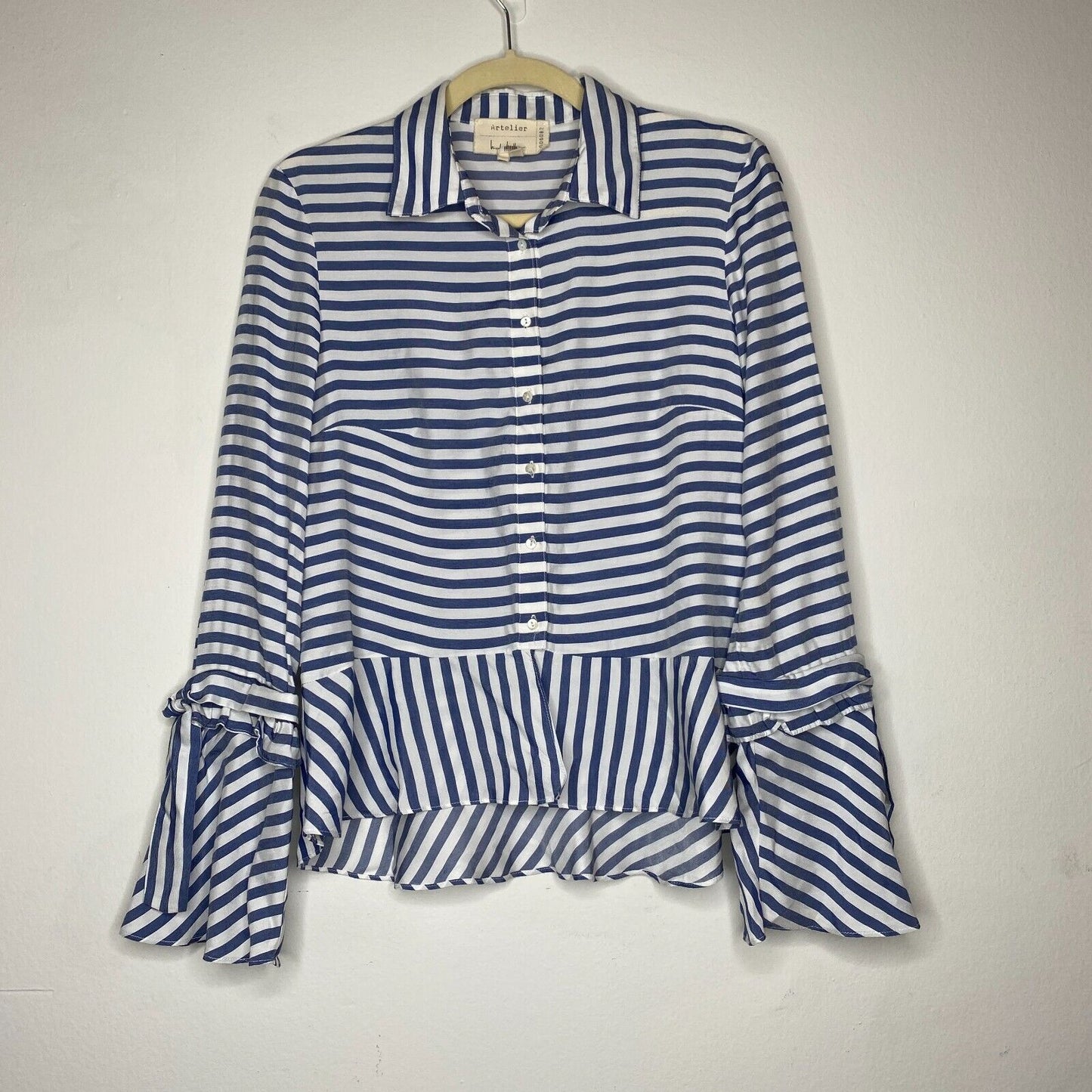 Artelier Blue and White Stripe Collar Button Down Bell Tie Sleeve Blouse XS