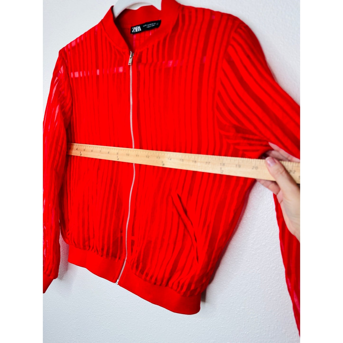 Zara Red Organza Sheer Striped Bomber Jacket Front Zip XS