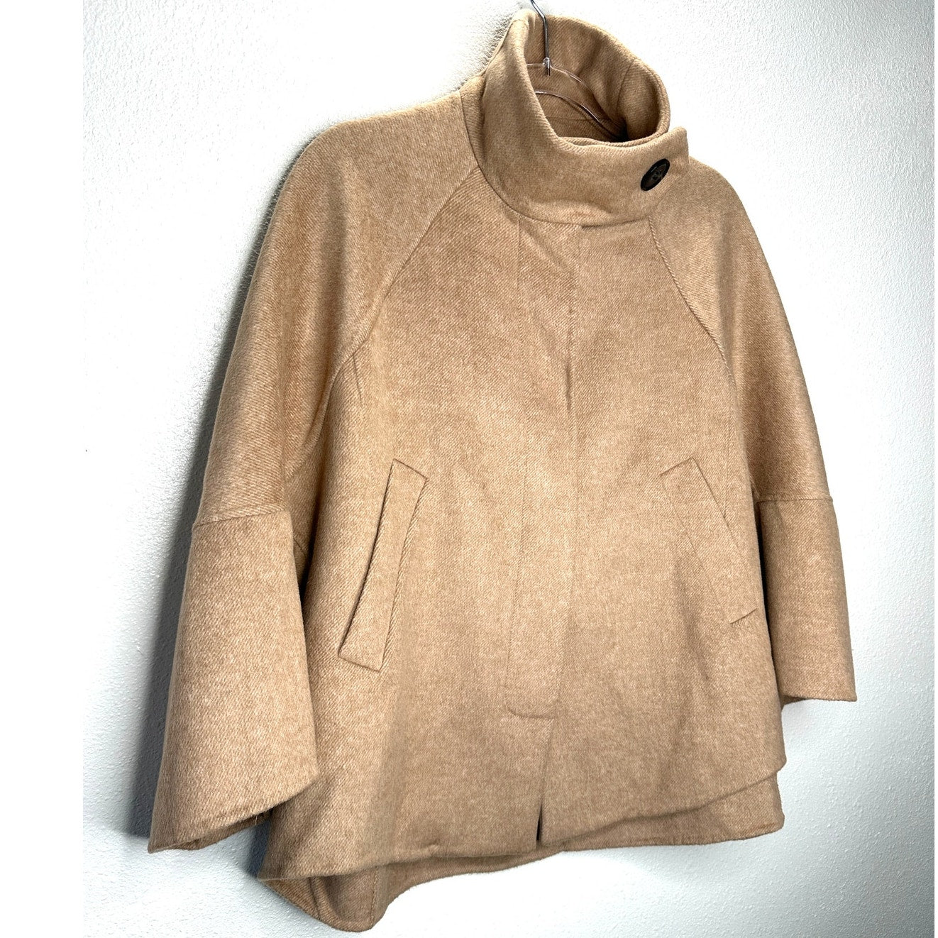 Zara Tan Fuzzy 3/4 Sleeve High Low Front Button Jacket Small