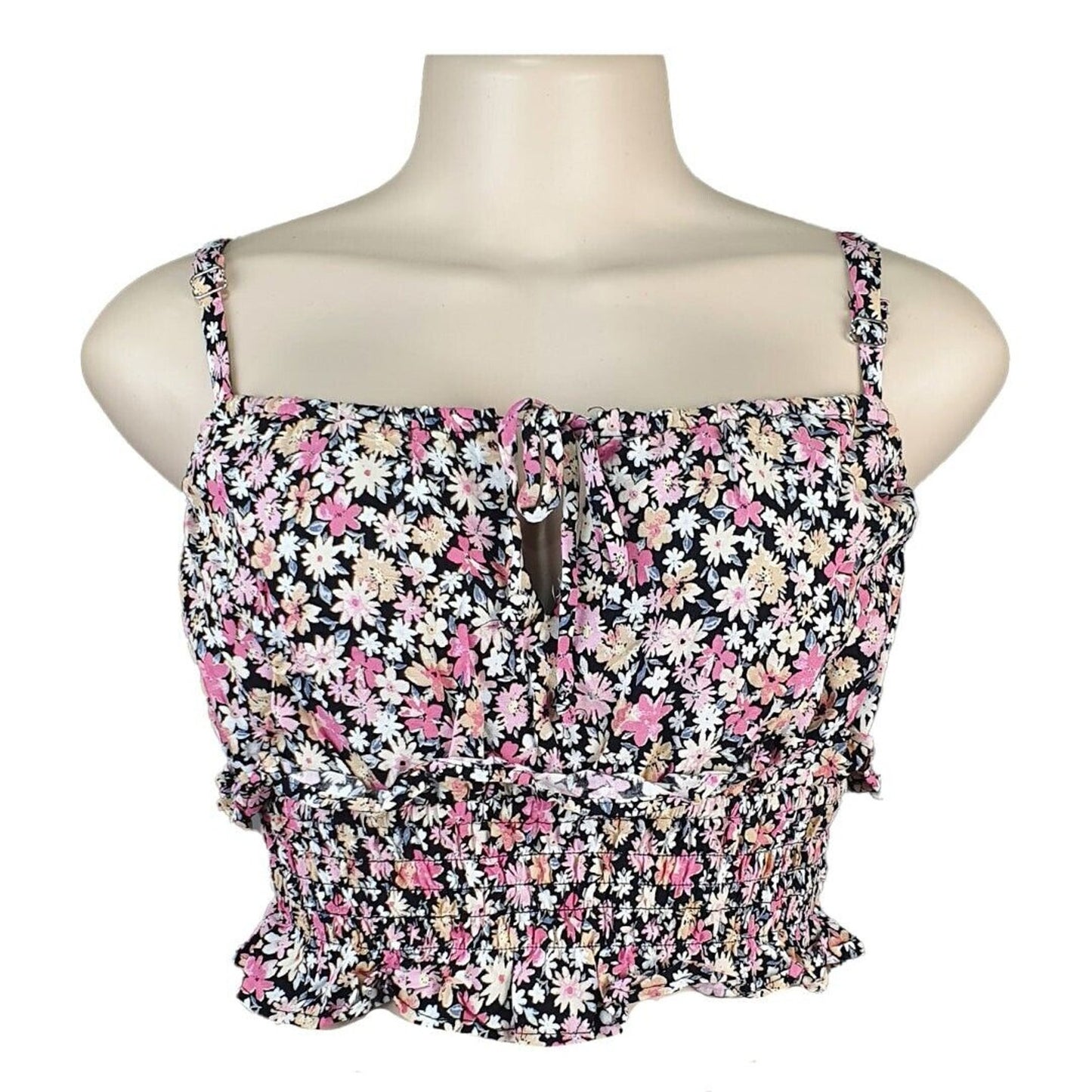 Wild Fable Black Pink Yellow Floral Keyhole Front Ruche Ruffle Crop Top Small