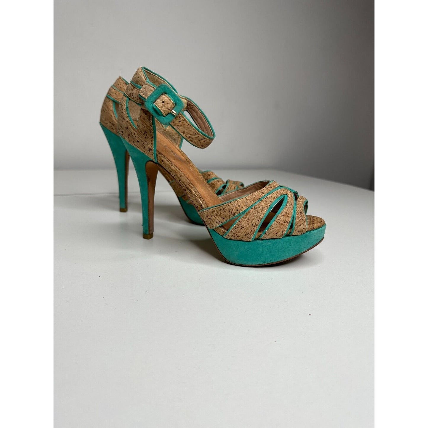 Aldo Platform Turquoise Suede & Tan Cork Stiletto Heel Ankle Strap Sandal 5.5