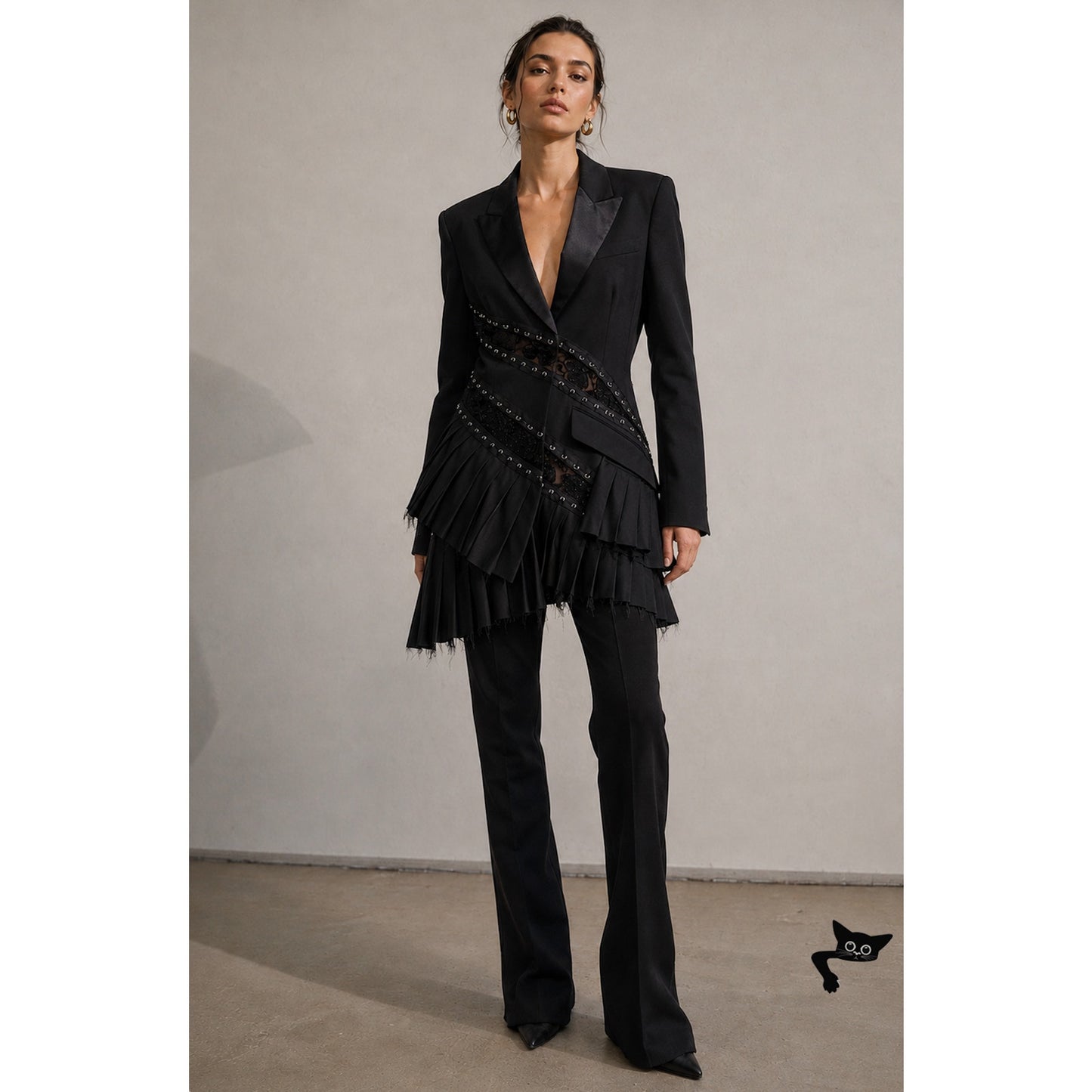 Alexander McQueen FW19 Runway Black Blazer Pleated Lace Jacket Dress L