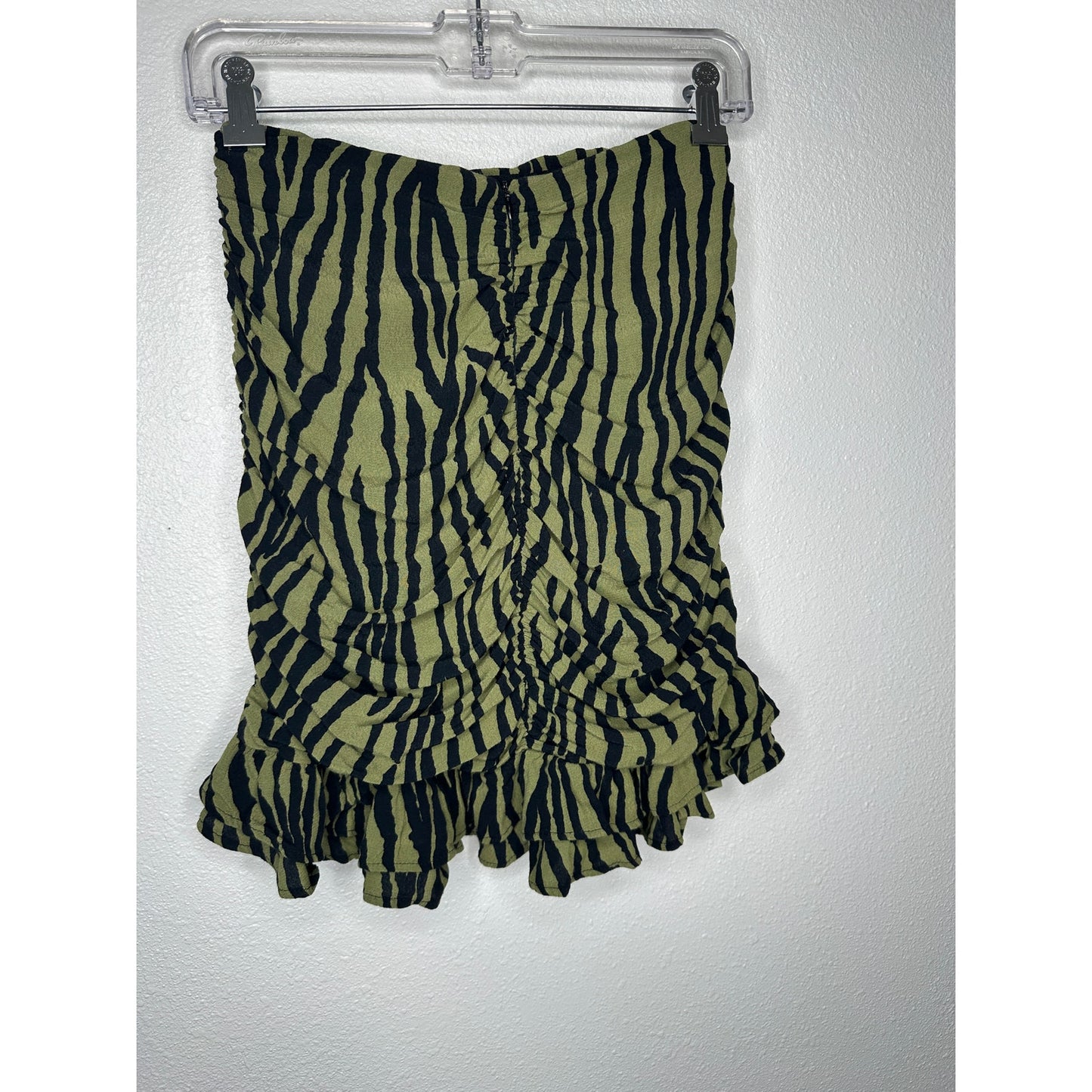 ZARA Green Zebra Print Ruched Mini Skirt XS Ruffle Hem Back Zip