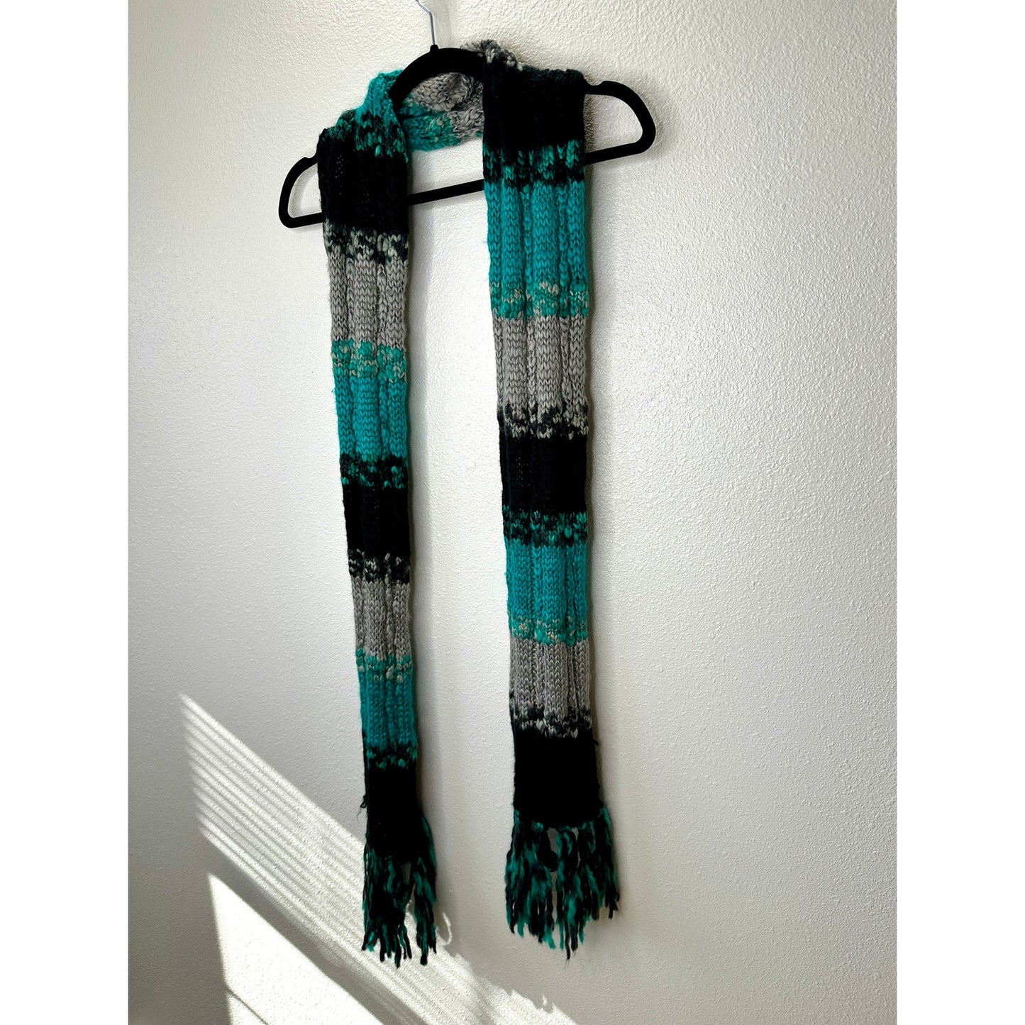 Billabong Black Gray & Teal Knit Scarf with Fringe OS