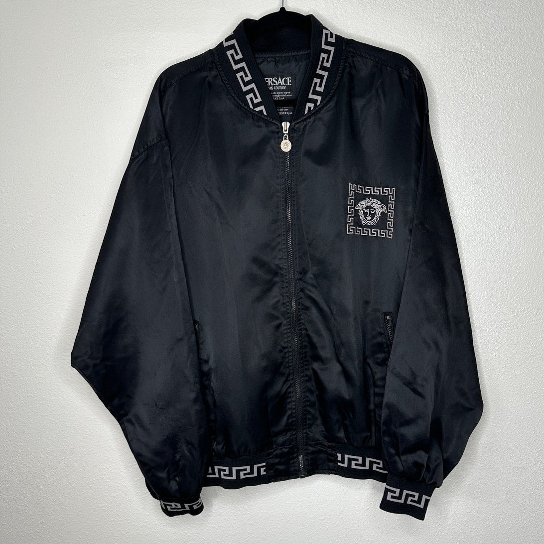 Versace Jeans Medusa Black Silver Embroidered Logo Long Sleeve Zip Bomber Jacket