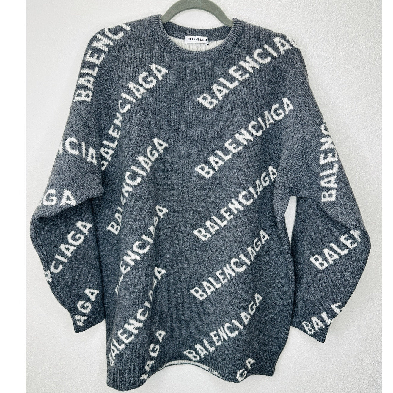 Balenciaga Dark Gray Long Sleeve White Logo'd Crew Neck Sweater L