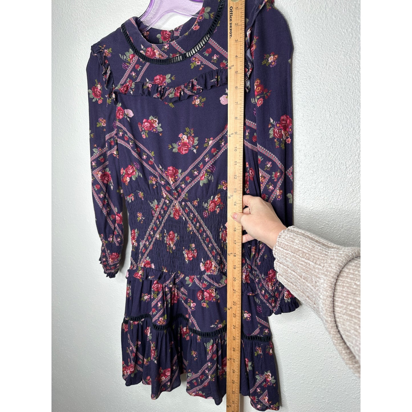Rahi Cali Purple Multi Color Floral Print 3/4 Sleeve Ruffle Mini Dress XS