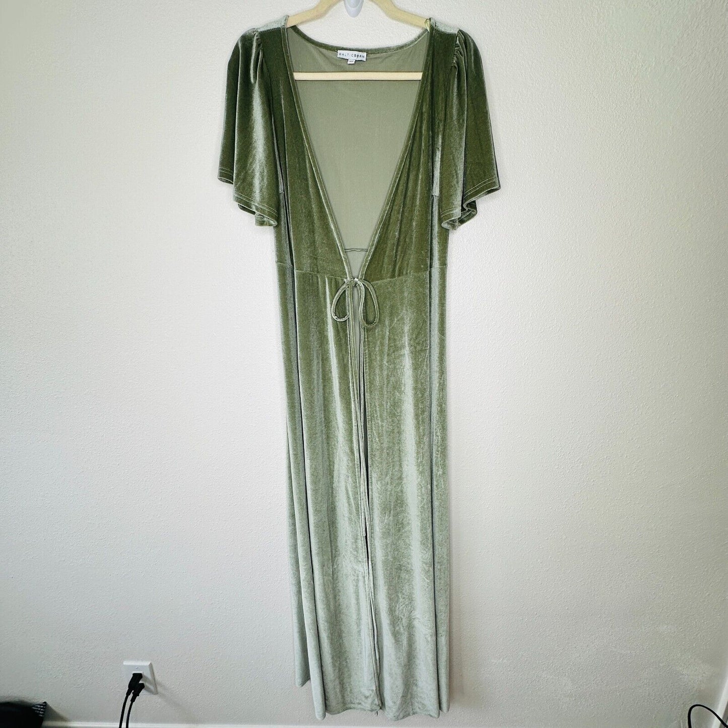 Baltic Born Light Sage Green Velour Short Flutter Sleeve Maxi Wrap Dress S