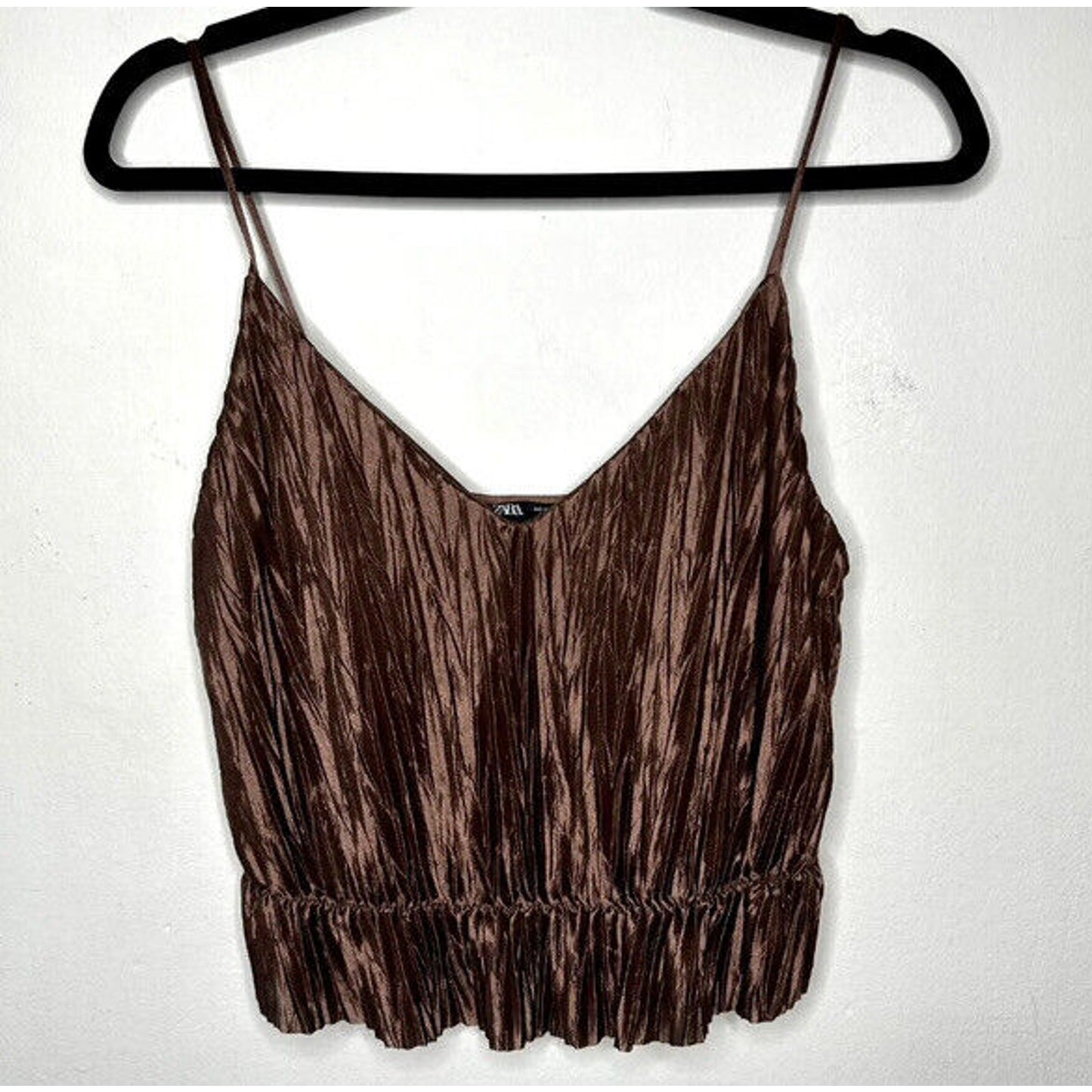 Zara Bronze Brown Travel Crinkle Satin Peplum Tank Spaghetti Strap V-Neck S