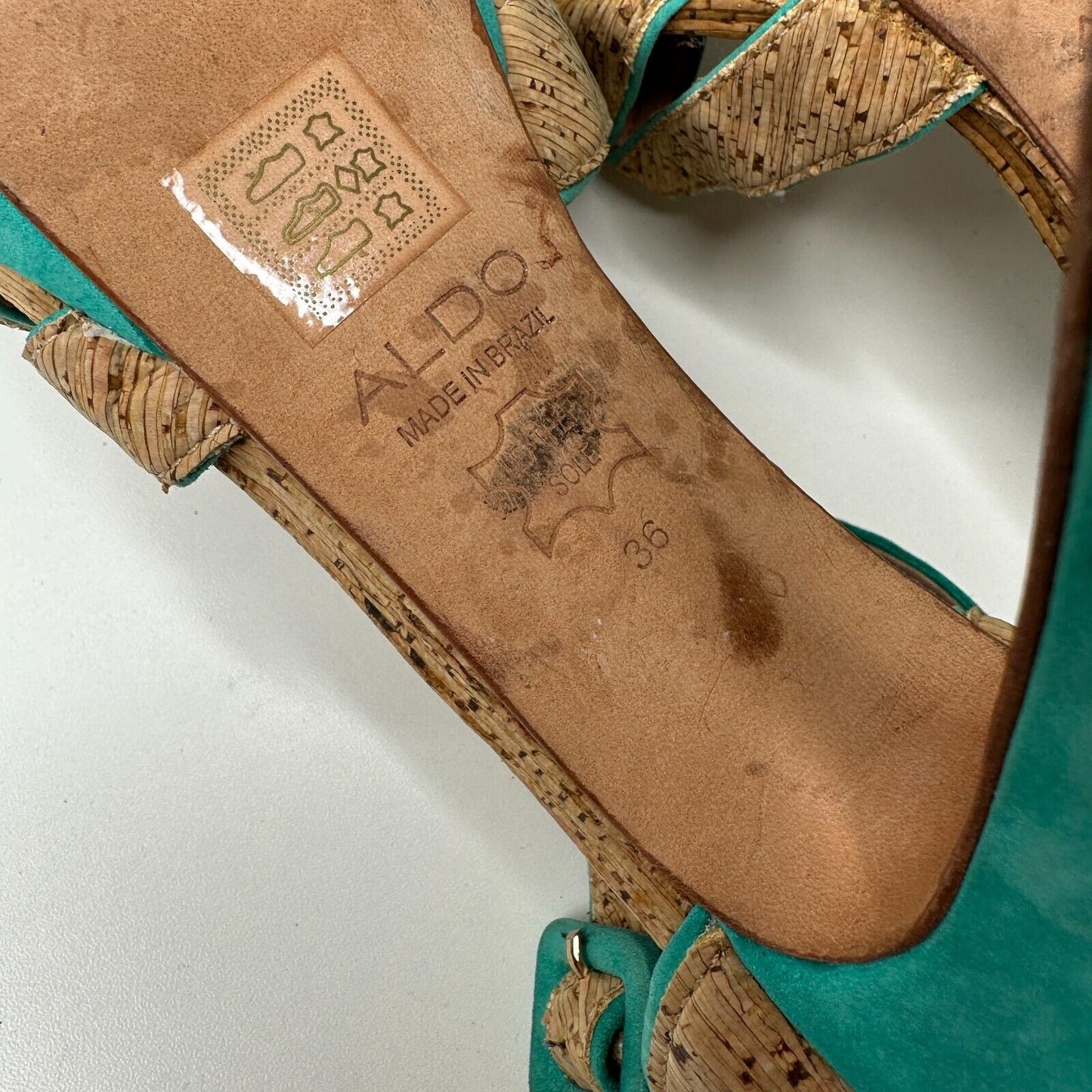 Aldo Platform Turquoise Suede & Tan Cork Stiletto Heel Ankle Strap Sandal 5.5