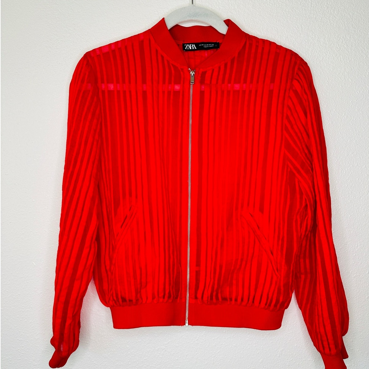 Zara Red Organza Sheer Striped Bomber Jacket Front Zip XS