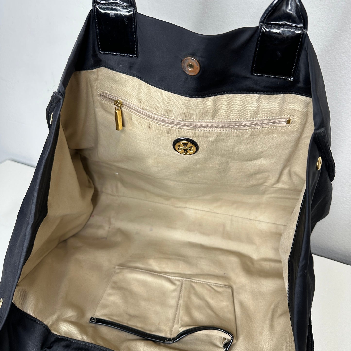 Tory Burch Black Canvas & Patent Leather Tote Bag 11 x 17