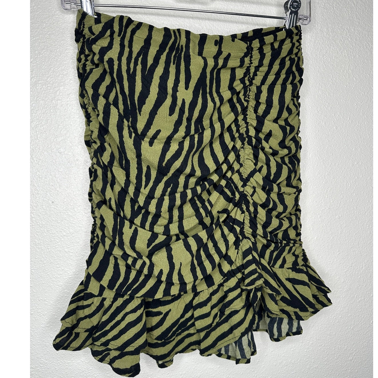 ZARA Green Zebra Print Ruched Mini Skirt XS Ruffle Hem Back Zip
