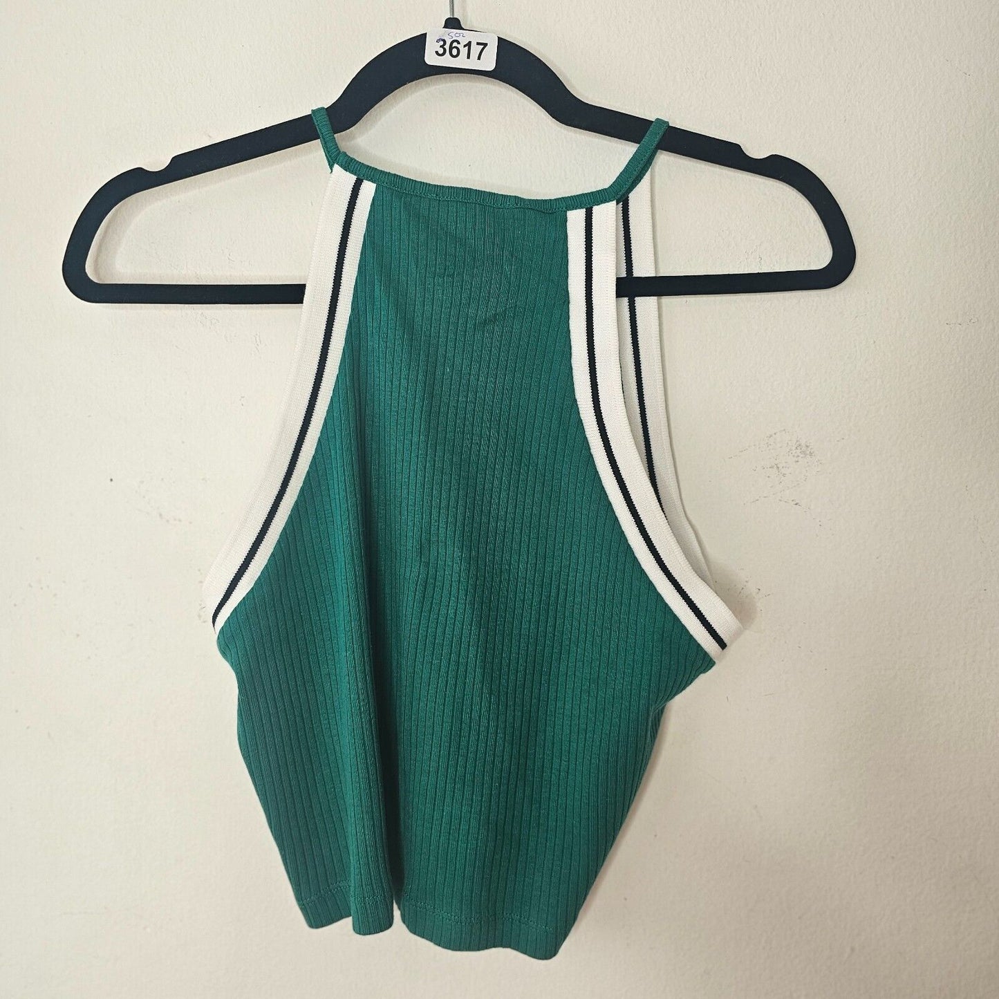 Topshop Cute Green Ribbed Knit White & Black Stripe Trim Halter Neck Crop 10
