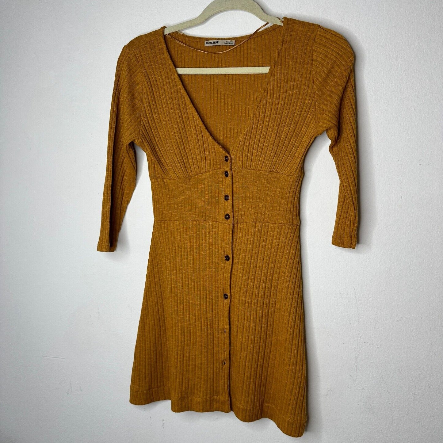 Pull & Bear Golden Yellow Cotton Rib Long Sleeve VNeck Button Up Mini Dress S