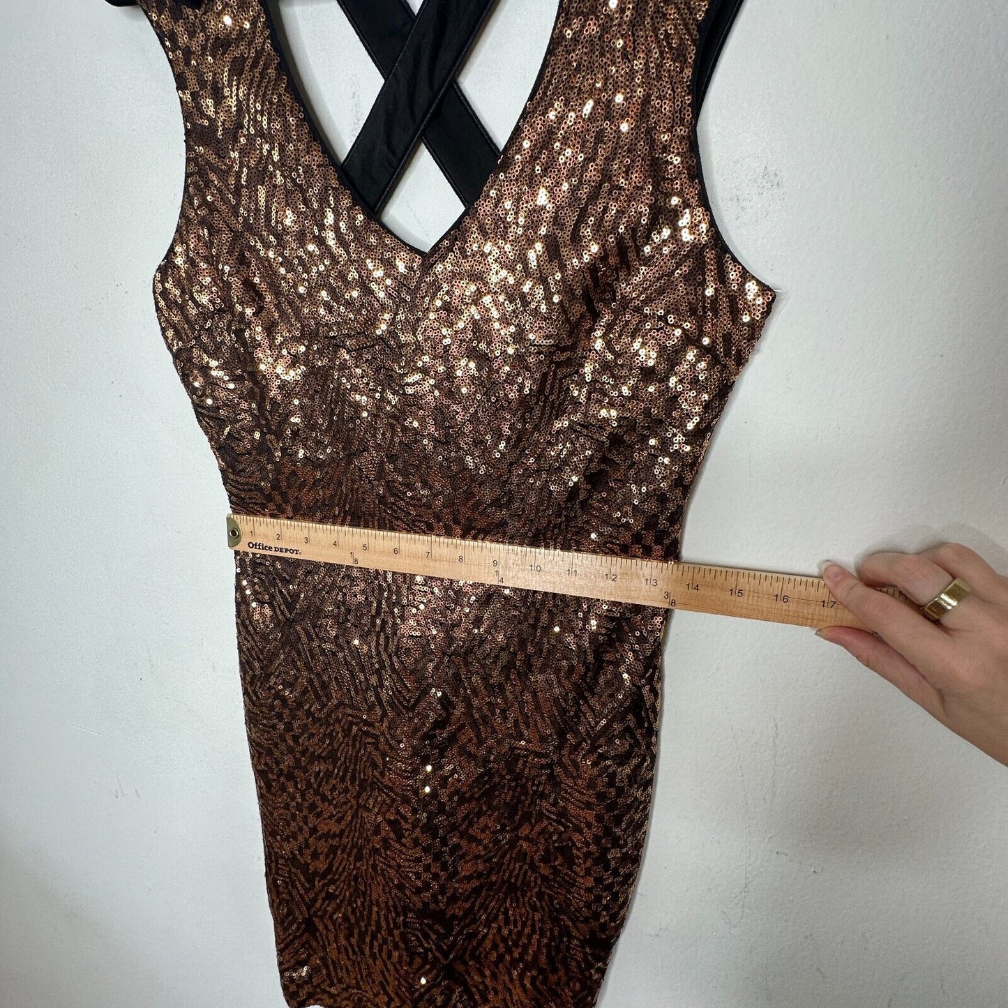 Bebe Copper Bronze Metallic Sequin Strappy Mini Dress Criss Cross Back Zip M