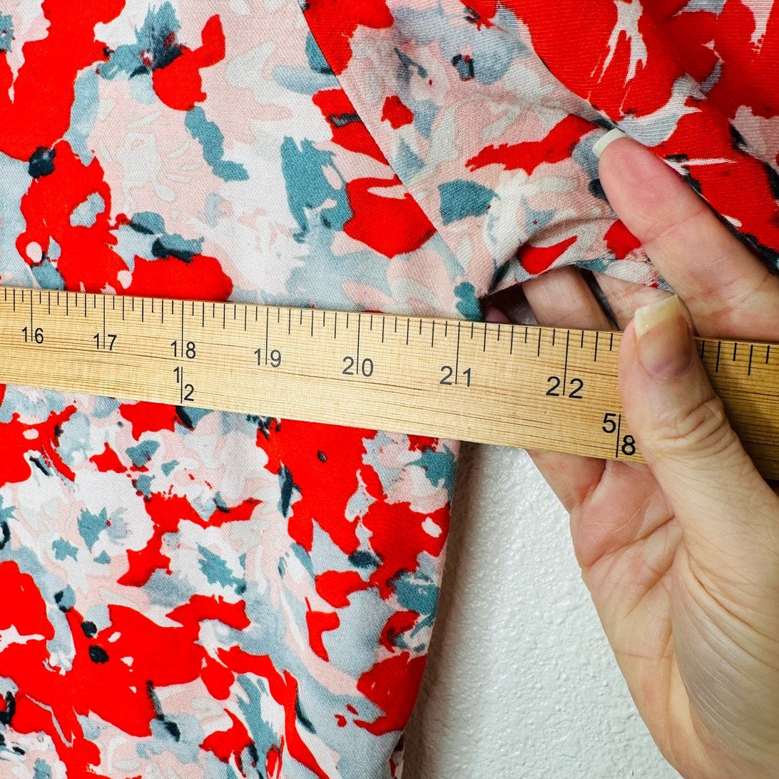 Cute Red Pink Blue Floral 3/4 Cuffed Sleeves Wide Round Neck Blouse Top L