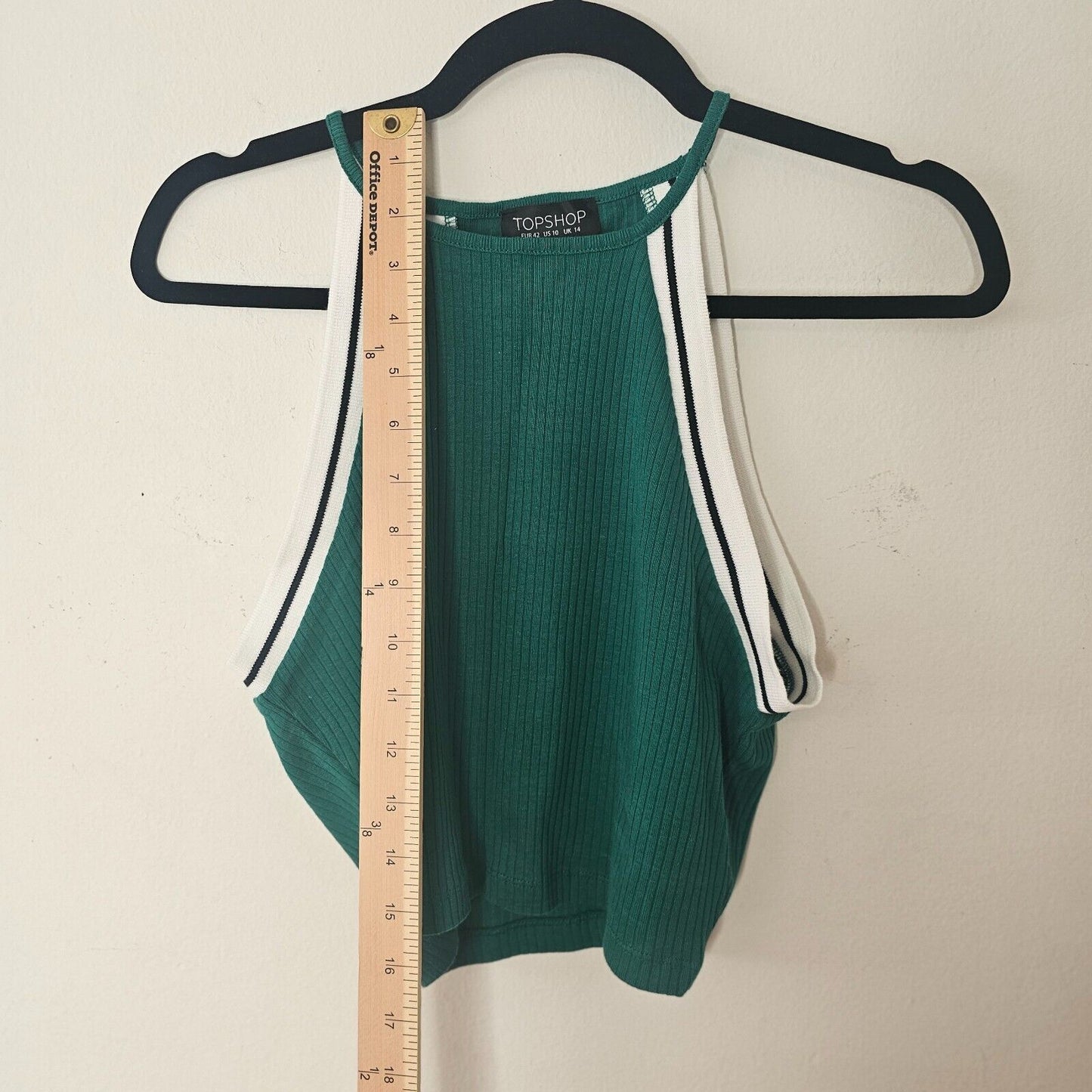 Topshop Cute Green Ribbed Knit White & Black Stripe Trim Halter Neck Crop 10