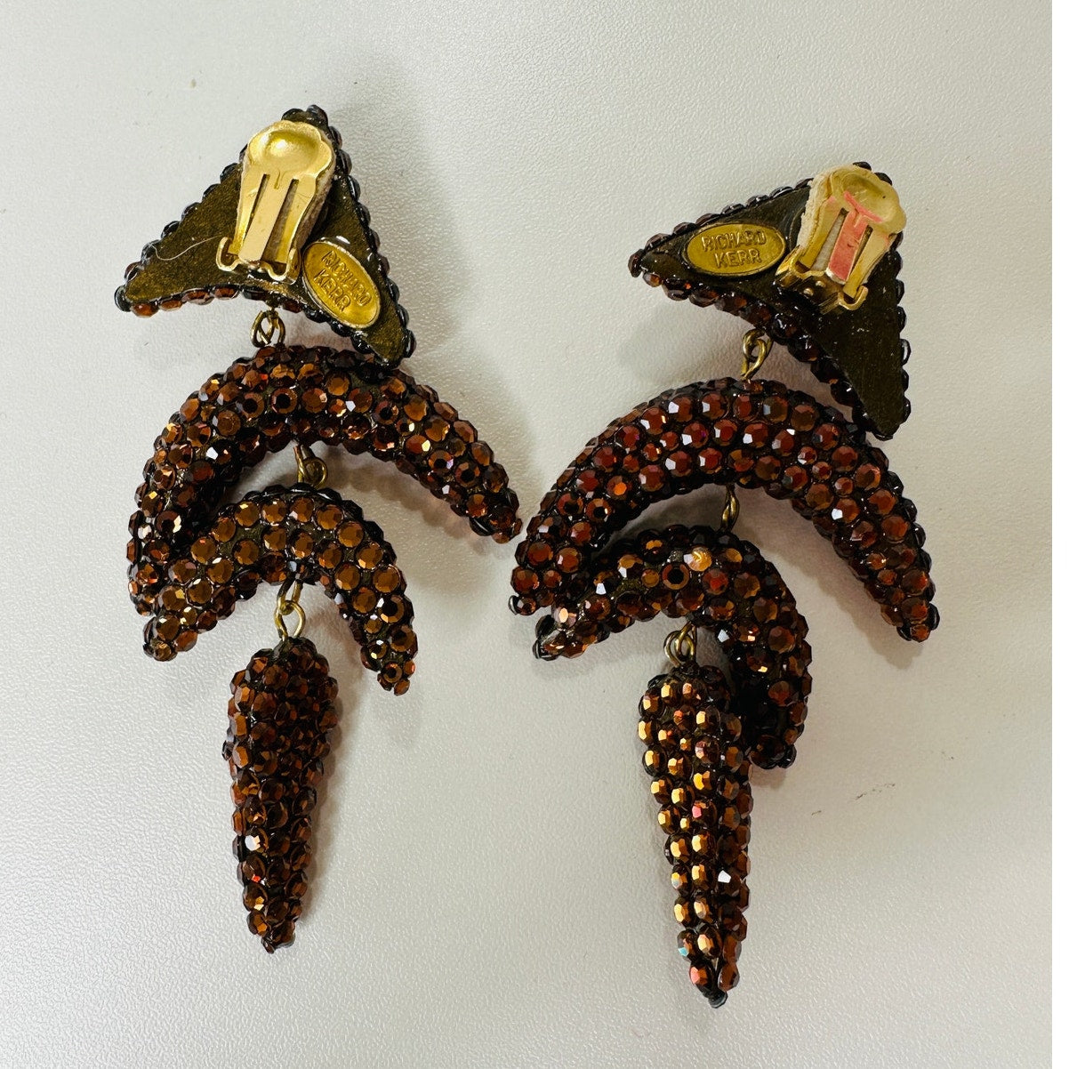 Vintage Richard Kerr Bronze Rhinestone Chunky Clip Earrings