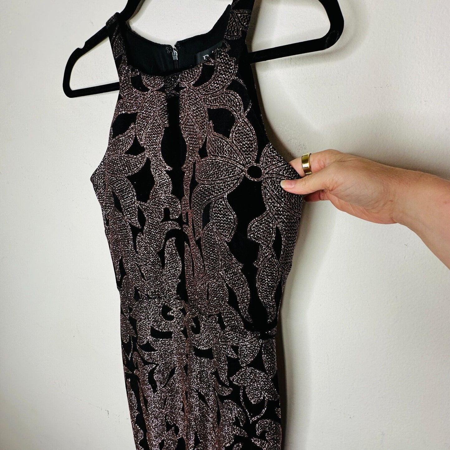 B&A Betsy & Adam Black and Rose Gold Glitter Sleeveless Fitted Halter Dress 6