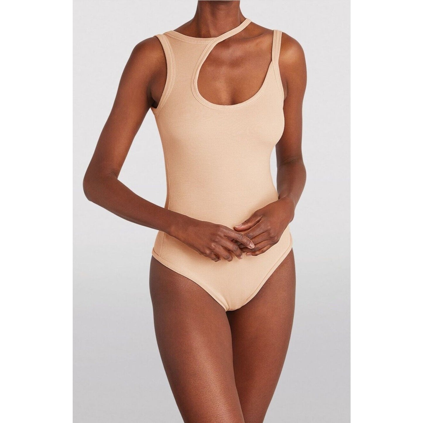 Alix NYC Tan Allen Asymetrical Scoop Neckline Sleeveless Ribbed Knit Bodysuit SM