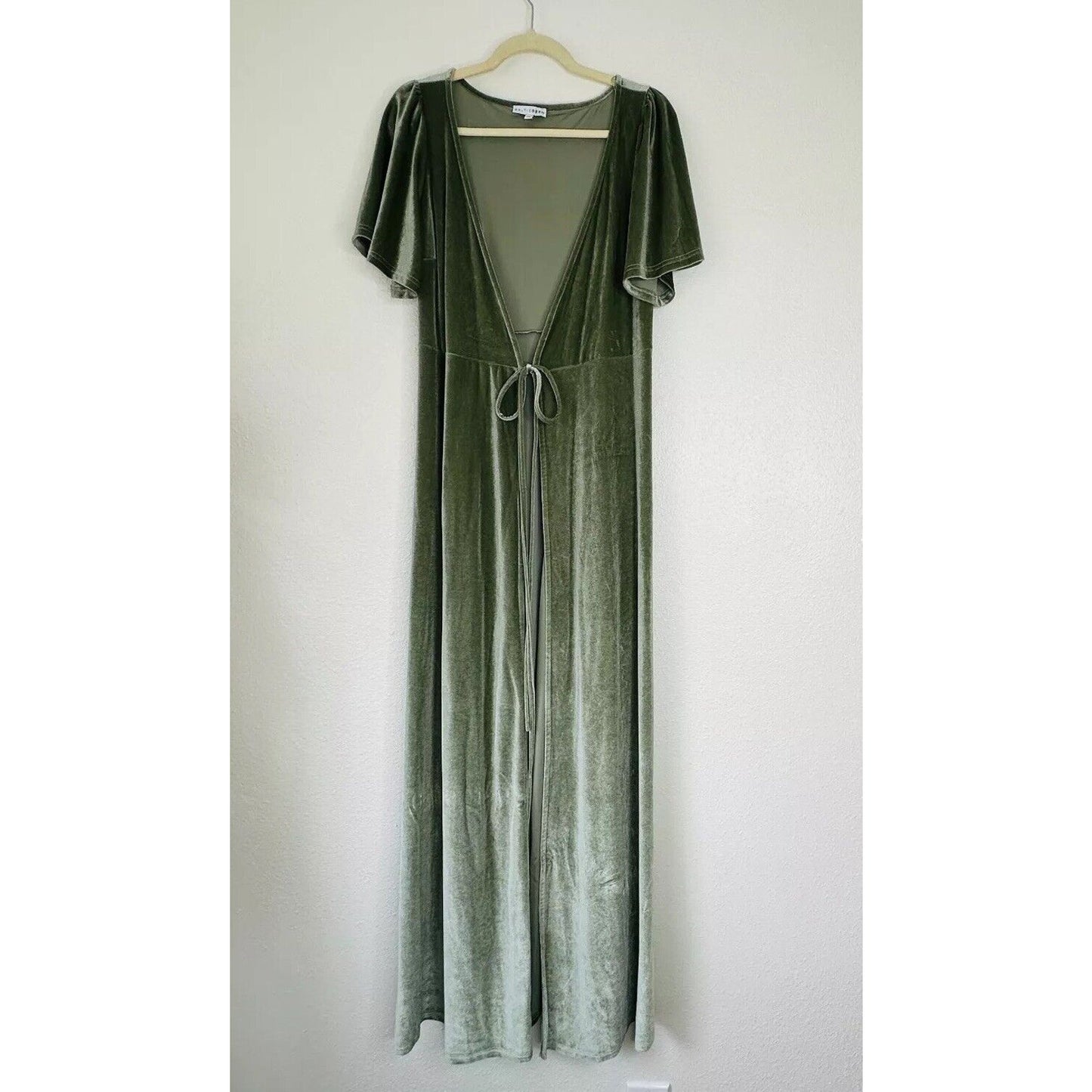 Baltic Born Light Sage Green Velour Short Flutter Sleeve Maxi Wrap Dress S