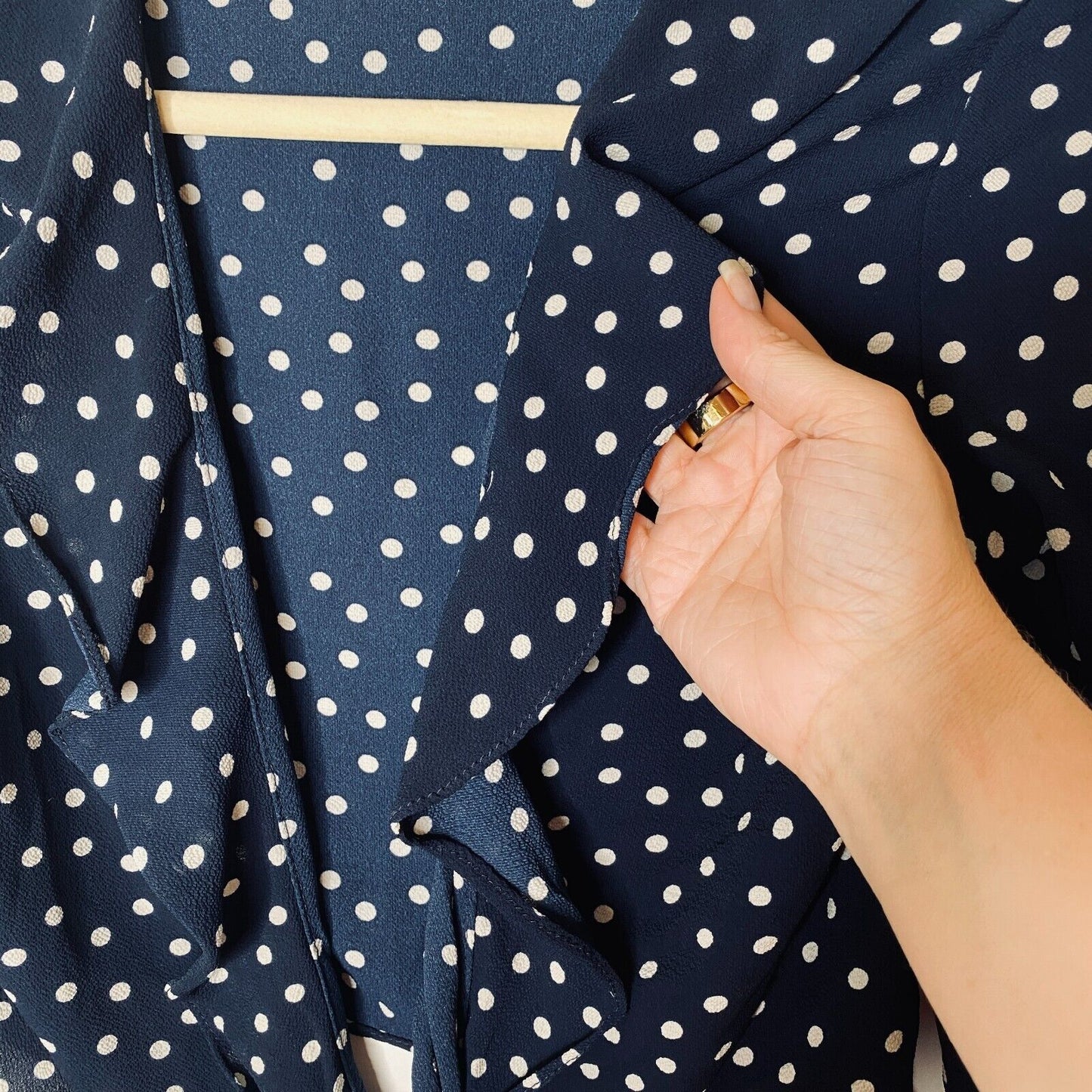 Revolve Eight Sixty Navy Cream Polka Dot Wrap Front-V Bell Sleeve Crop Top SM