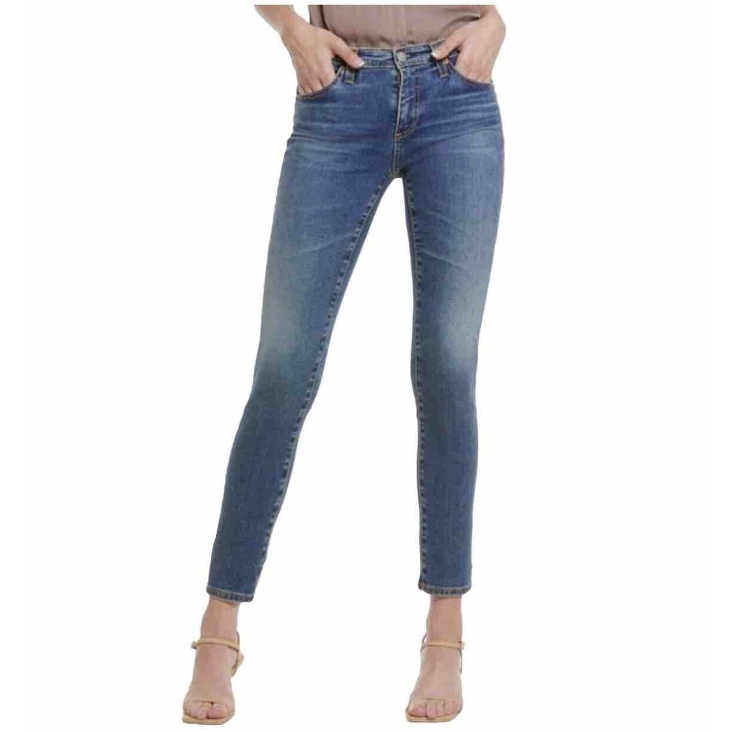 AG The Prima Ankle Raw Hem Cigarette Ankle Med Wash Blue Skinny Jean 27 Zip Fly