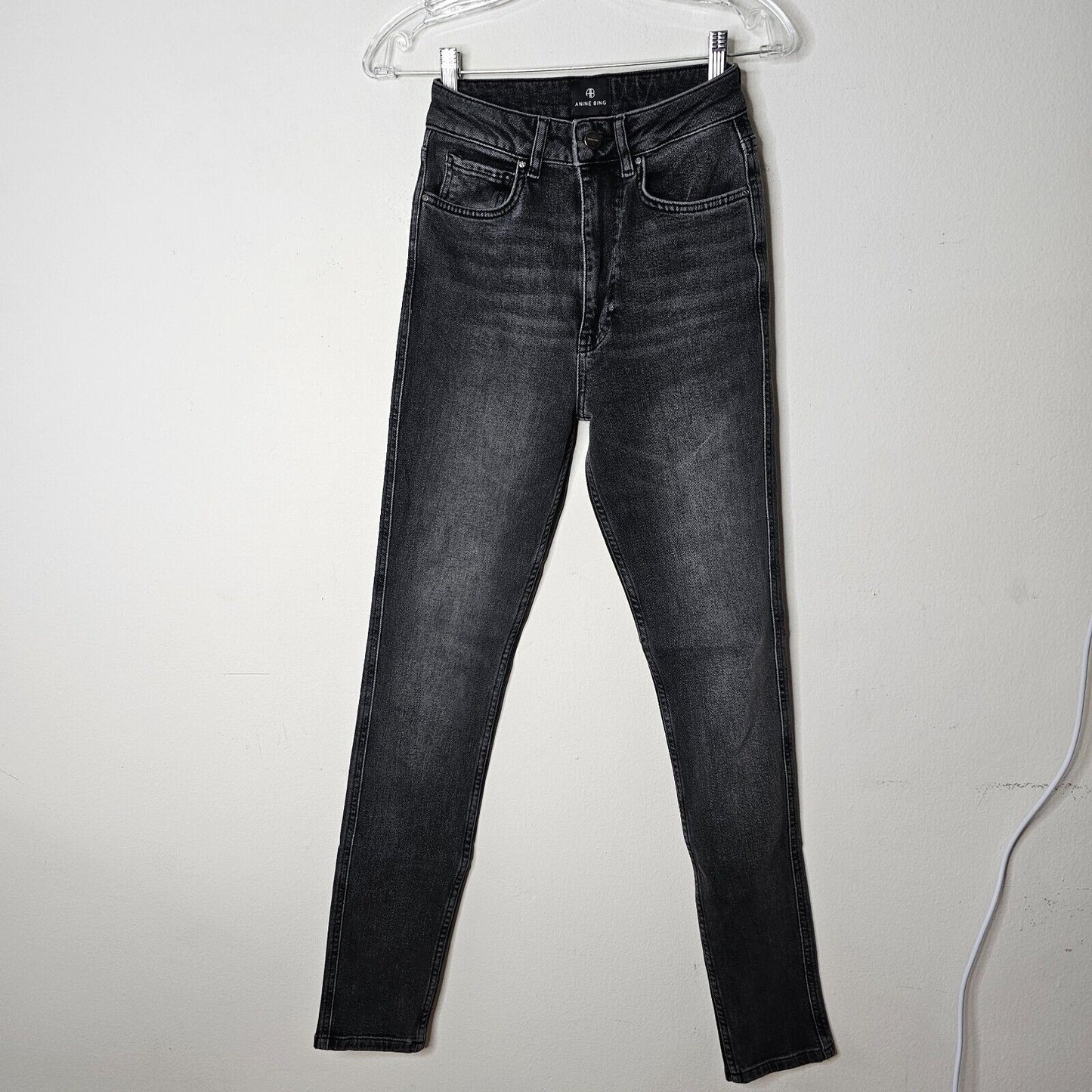 Anine Bing Dark Gray High Waist Slim Skinny Denim Jean Zip Fly Button Close 26