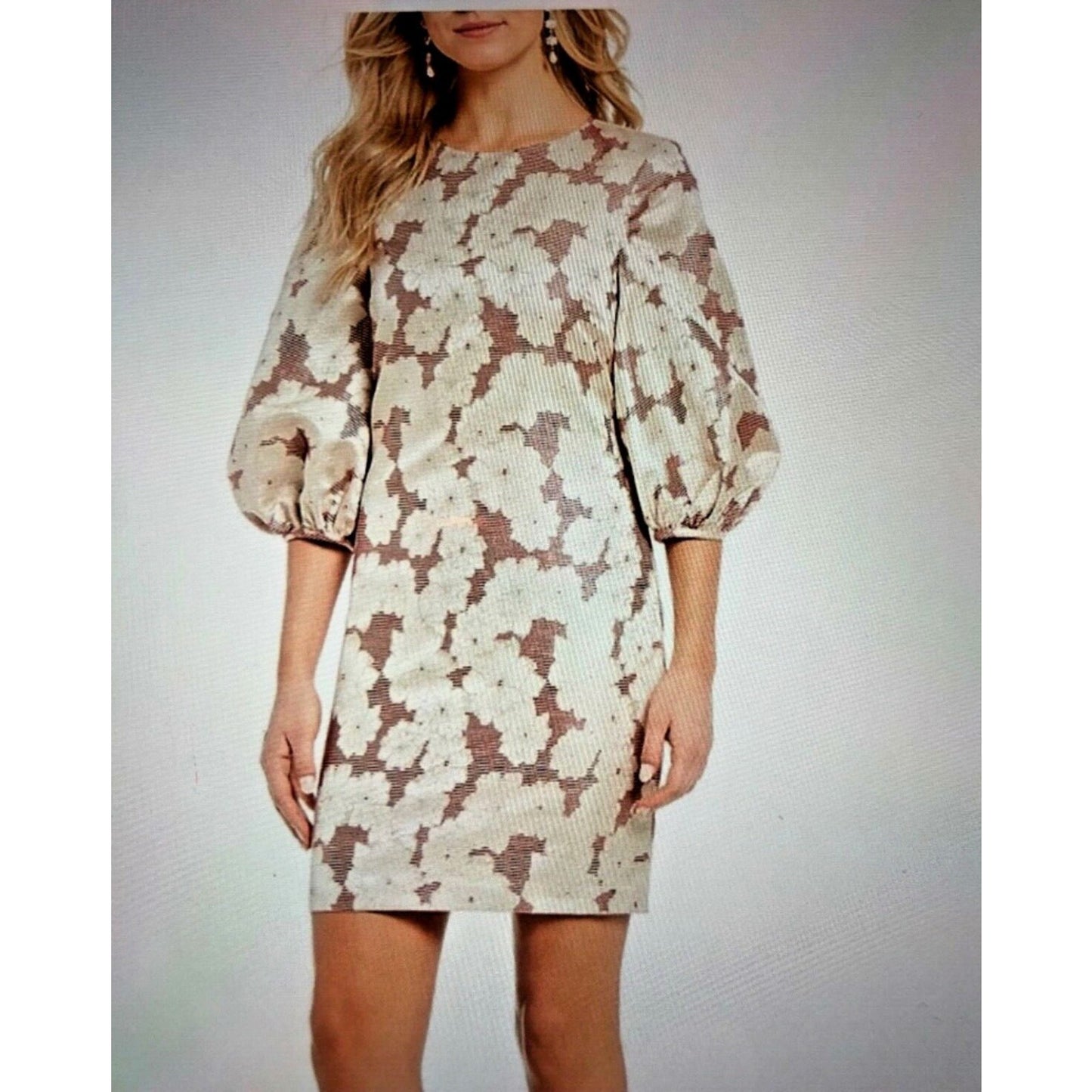 Belle Badgley Mischka Red & Gold Metallic Stripe Floral Balloon Sleeve Dress 2
