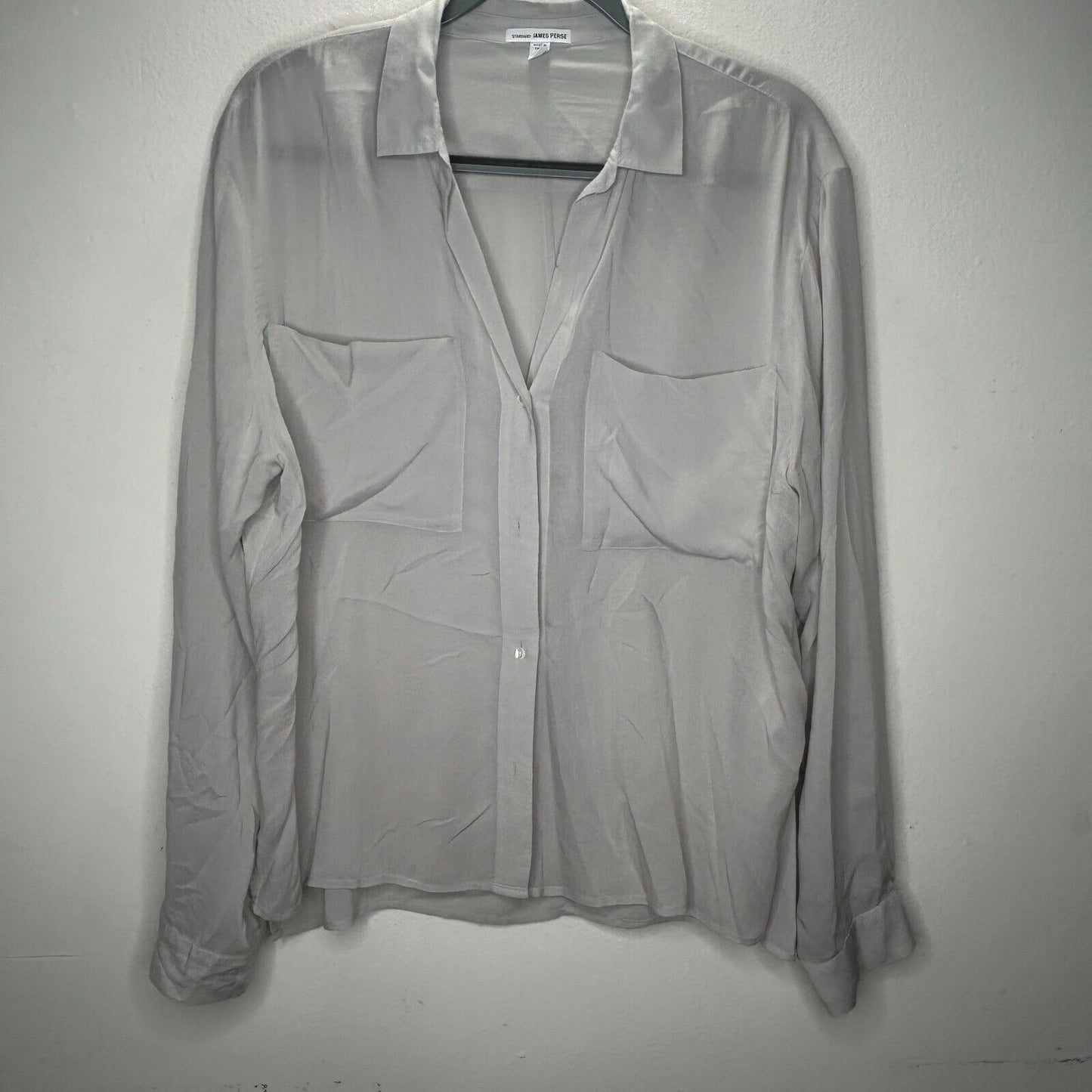 James Perse Gray Sand Open V-Neck Front Button Front Pockets Long Sleeve Shirt L