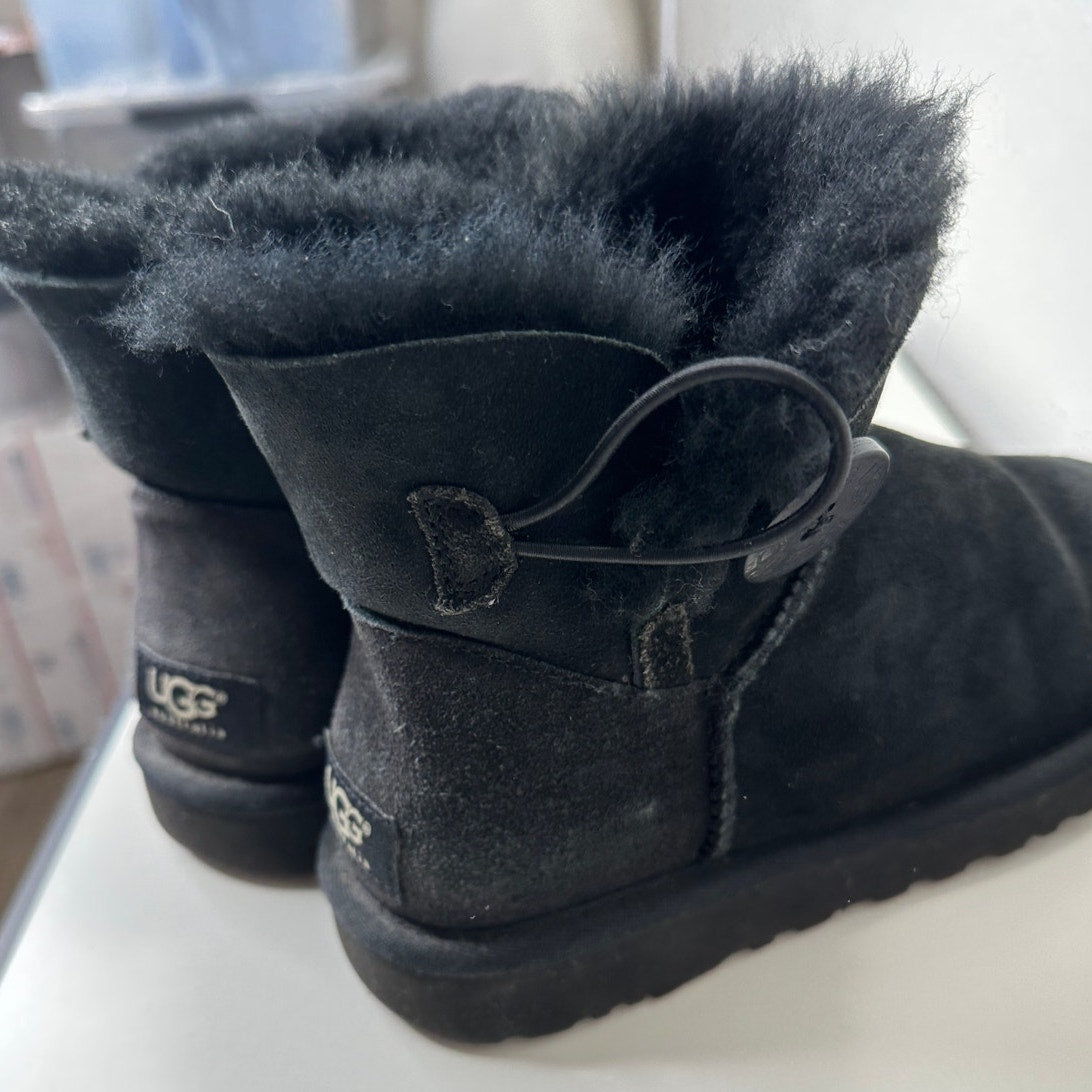 UGG Black Suede Furry Mini Bailey Button Ankle Boot 6