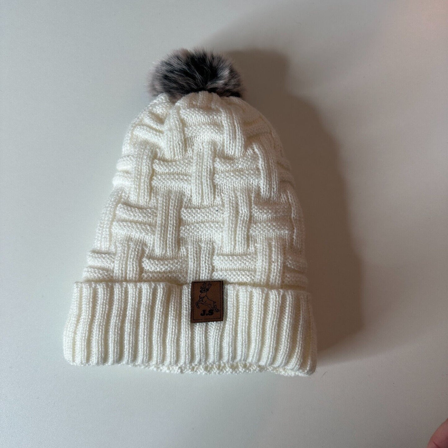 J.S Elk Deer Brown Patch Basket Weave Cream Beanie Gray Pom Pom Sherpa Lining OS