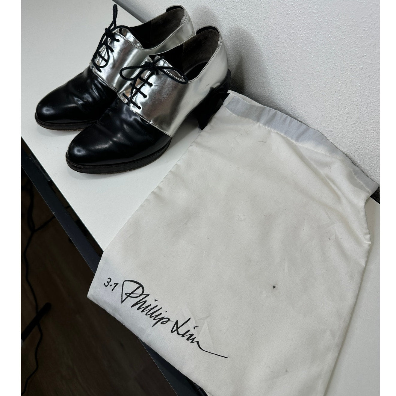 3.1 Phillip Lim Jillian Metallic Silver Shiny Black Oxford Tie Shoe 38 / 7.5