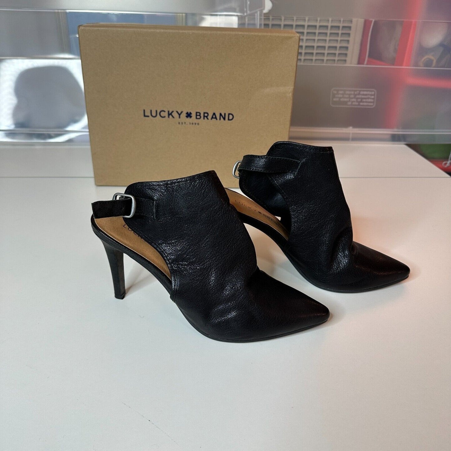 RARE Lucky Brand Ibiza Jet Black Pointed Toe Leather Ankle Strap Stiletto 7.5