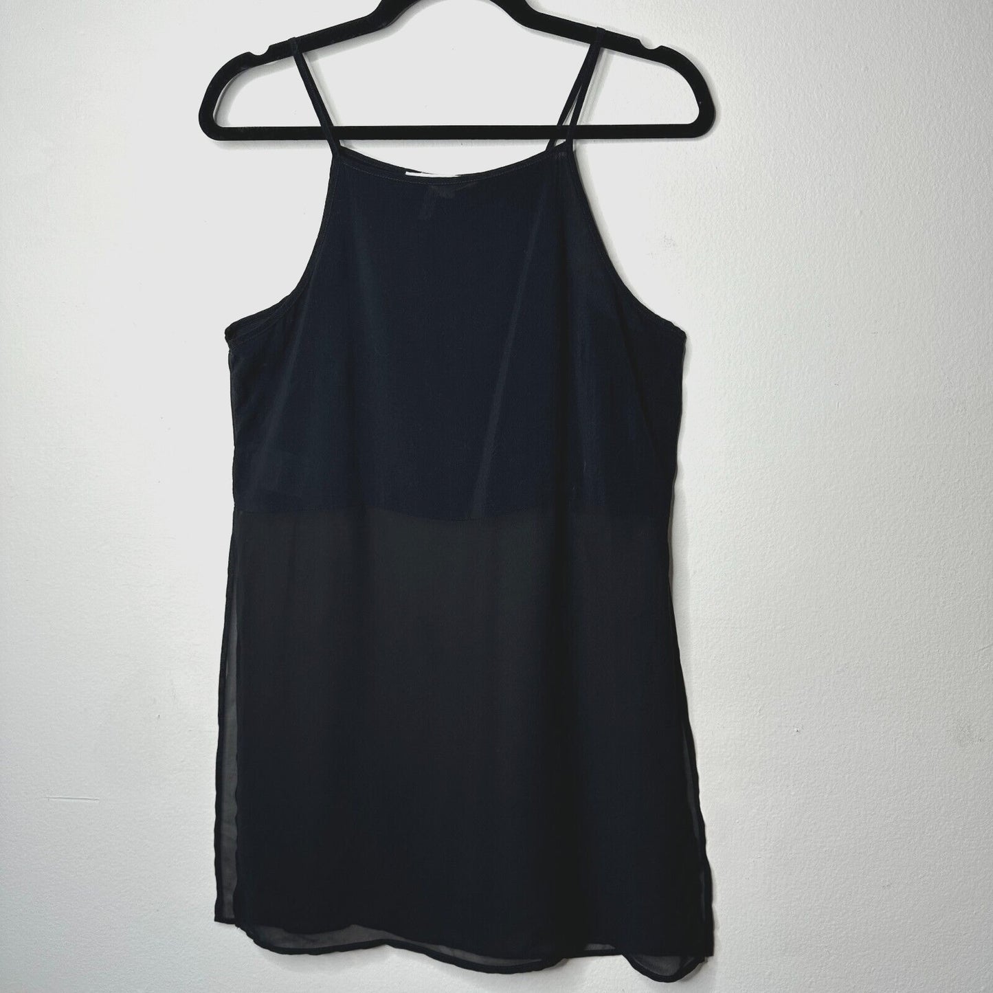 BCBGeneration Jet Black Sheer Side-Slit Lined Spaghetti Strap Crop Tank Cami SM